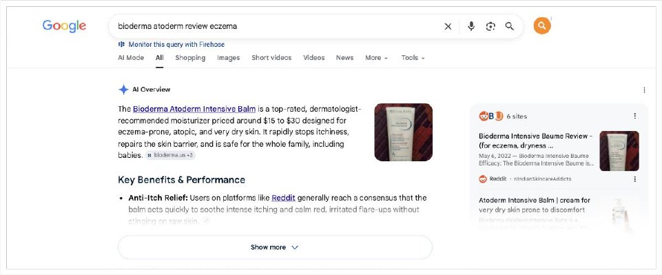 Google search result for bioderma atoderm review eczema. The AI Overview writes its verdict by citing Reddit consensus.